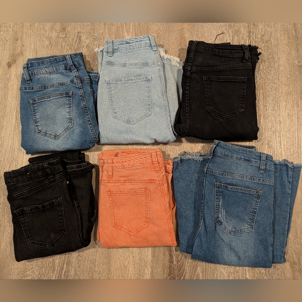 6 Pairs Of Women's Jeans - Black, Light Wash, Coral, Blue, Studded, Buttons